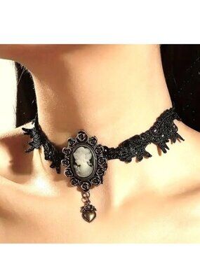 Sexy Lace Choker Necklace Cameo Victorian Antiqued Goth Rave Vamp Scene Stylish